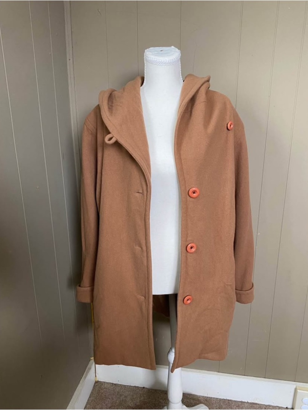 Donnybrook Women's Hooded trench Coat in Camel tan brown with buttons